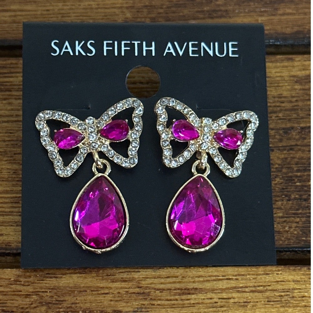 Saks Fifth Avenue Bow Rhinestone Teardrop Dangle Earrings Pink Gold‎ Tone